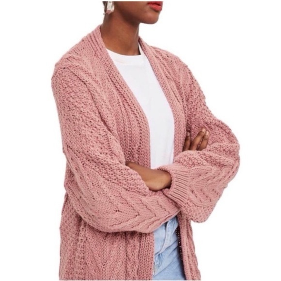 Topshop Cable Knit Balloon Sleeve Cardigan Sweater - Dusty Rose- Size 6 - Picture 6 of 6